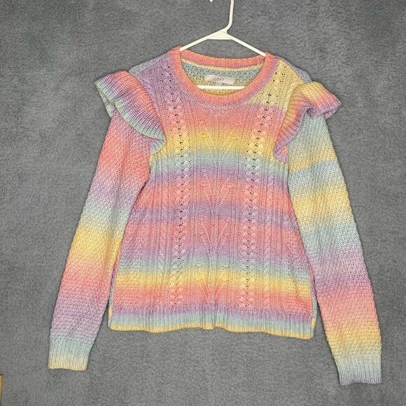 Loft Ann Taylor rainbow cable knit sweater ruffle shoulder winter colorful L - Picture 1 of 7